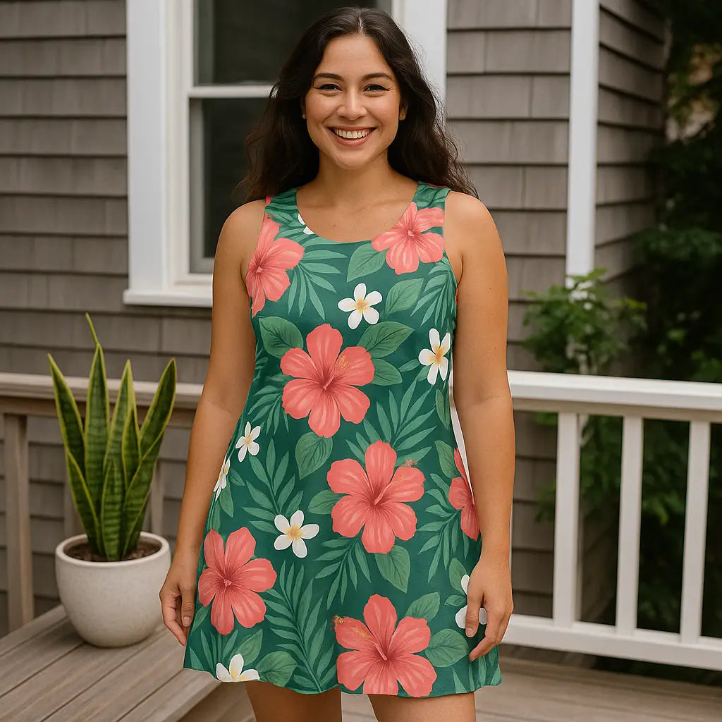 brunette wearing floral dress on deck