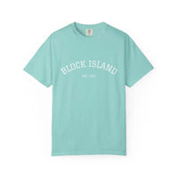 Mint green Block Island Est 1661 short sleeve crewneck T shirt with printed chest design