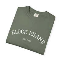 Olive green Block Island Est 1661 short sleeve crewneck t-shirt with white print