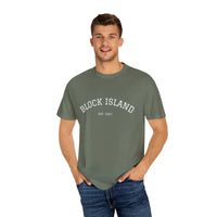 Man wearing green Block Island Est 1661 short-sleeved crewneck T shirt and blue jeans