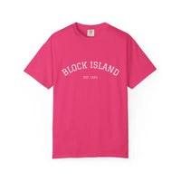 Pink crew-neck T-shirt with BLOCK ISLAND EST 1661 printed on the front