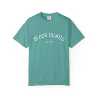 Teal short-sleeve crewneck T-shirt with white BLOCK ISLAND EST 1881 print