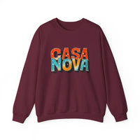 Maroon Casa Nova crewneck sweatshirt with colorful stylized lettering displayed