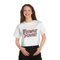 White crop top with colorful Flower Power text from Champion Flower Power Cropped T Shirt