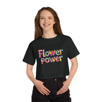 Woman wearing Champion Flower Power Cropped T Shirt with colorful Flower Power design