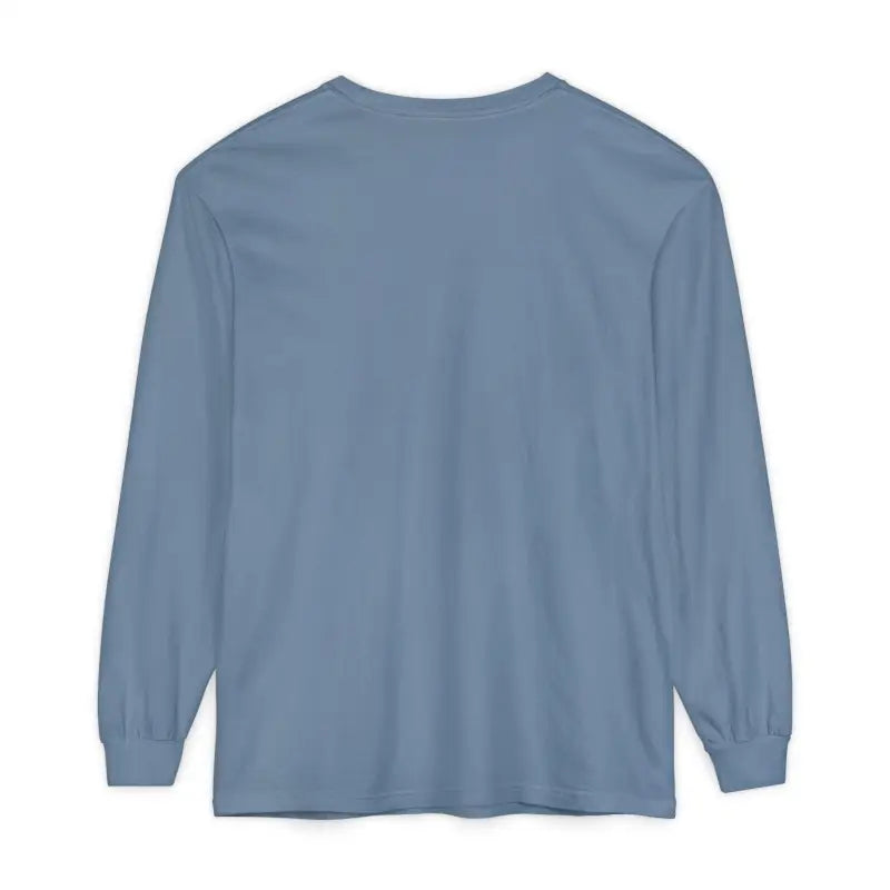 Blue long-sleeved shirt featuring Christmas Dinosaur and Lights design for festive apparel