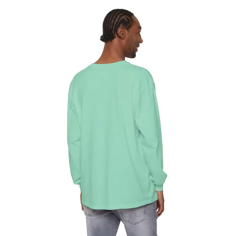 Mint green long-sleeved Christmas Dinosaur and Lights shirt for festive occasions