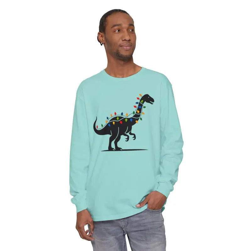Light blue long-sleeved shirt featuring a dinosaur graphic for Christmas festivities