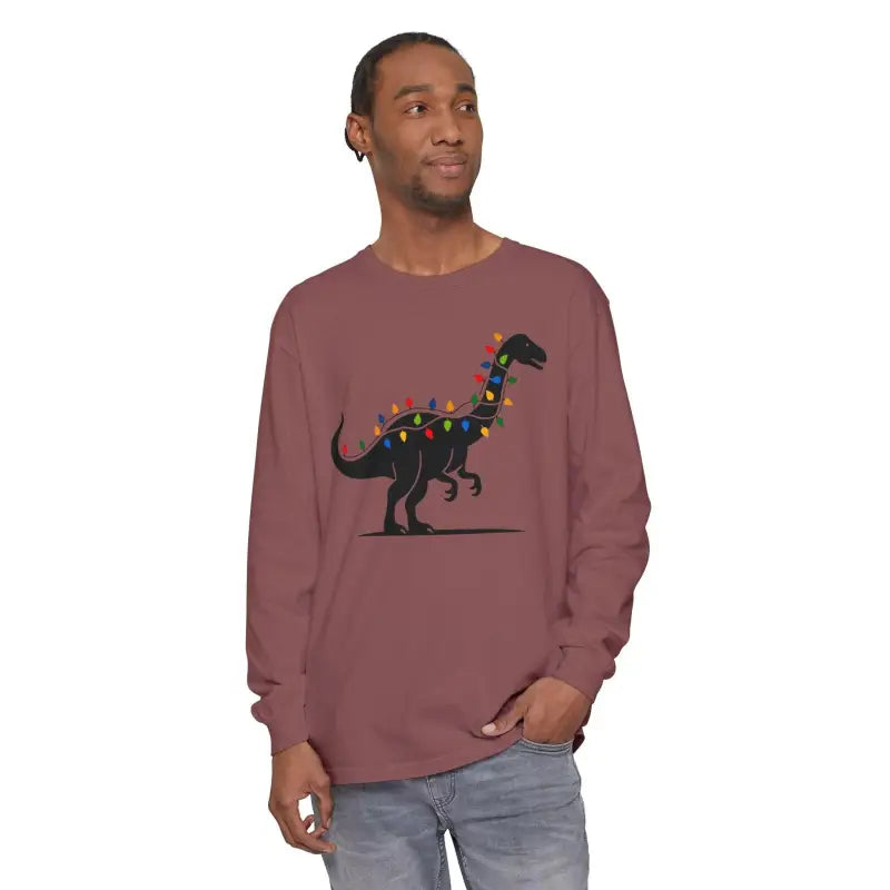 Maroon long-sleeved shirt featuring a dinosaur graphic for Christmas celebrations