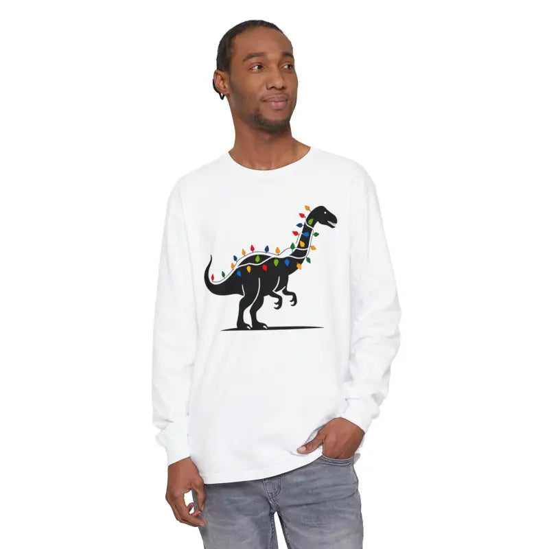 White long-sleeved shirt featuring a dinosaur graphic for Christmas celebrations