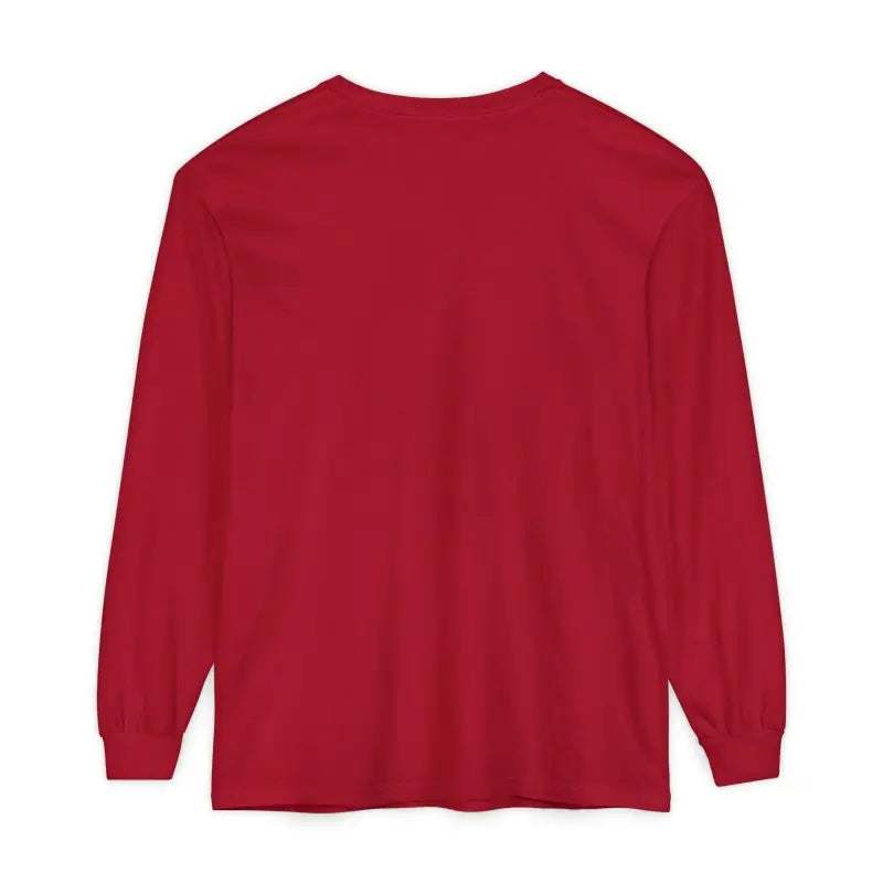 Red long-sleeved Christmas Dinosaur And Lights Shirt displayed on a white background