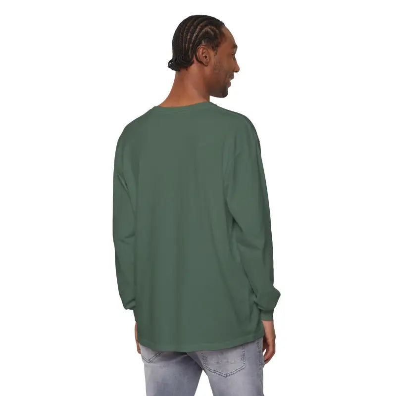 Green long-sleeved shirt featuring Christmas Dinosaur and lights design for festive wear