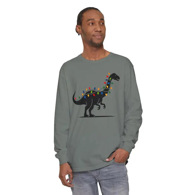 Long-sleeved shirt featuring a dinosaur graphic for Christmas themed attire