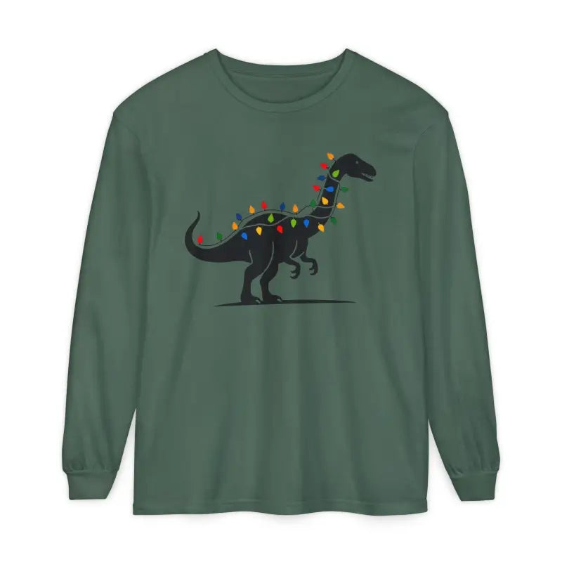 Green long-sleeved Christmas Dinosaur and Lights Shirt for festive holiday wear
