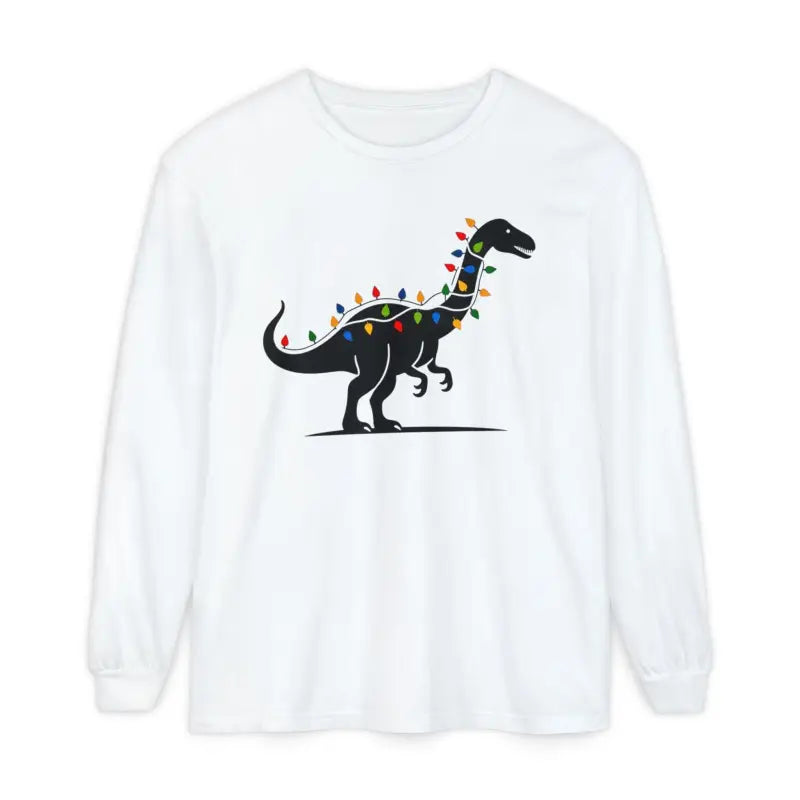 White long-sleeved shirt featuring dinosaur and Christmas lights design for festive wear