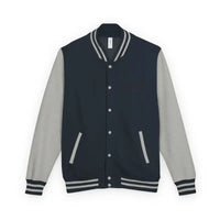 Dark blue varsity jacket with light gray sleeves and striped cuffs from Classic Varsity Jacket Collection