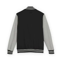 Black varsity jacket with light grey sleeves and striped cuffs from Classic Varsity Jacket Collection