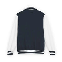 Black and white varsity jacket with striped cuffs and collar from Classic Varsity Jacket Collection