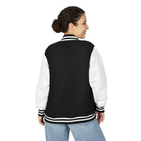 Black and white varsity jacket paired with light blue jeans from Classic Varsity Jacket Collection