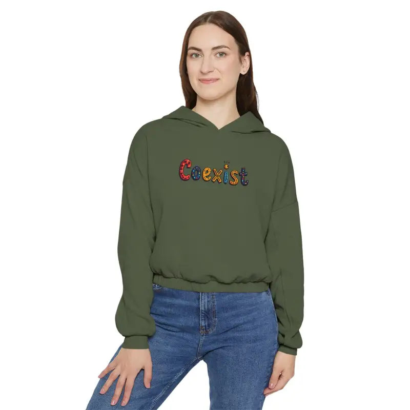 Olive Green Coexist Women’s Cinched Bottom Hoodie showcasing stylish design and comfort