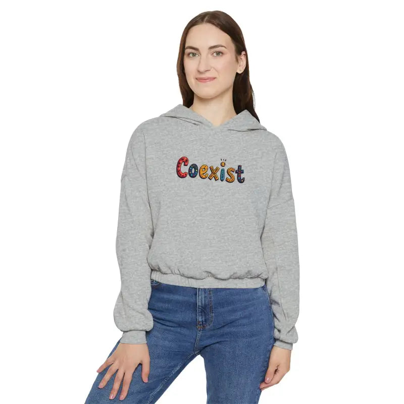 Gray hoodie featuring Coexist text from Coexist Women’s Cinched Bottom Hoodie collection