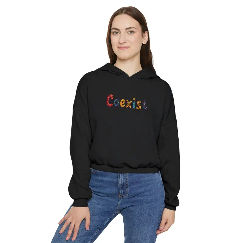 Black hoodie featuring Coexist text from Coexist Women’s Cinched Bottom Hoodie collection