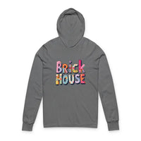 Gray long-sleeved hooded sweatshirt with colorful Brick House logo text
