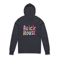 Dark gray long-sleeve hooded sweatshirt with Brick HOUSE logo front display