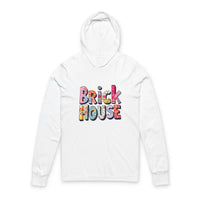 White long-sleeve hoodie featuring colorful Brick House logo graphic