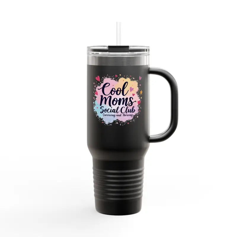 Black insulated travel mug with handle from Cool Moms Social Club, 40oz capacity