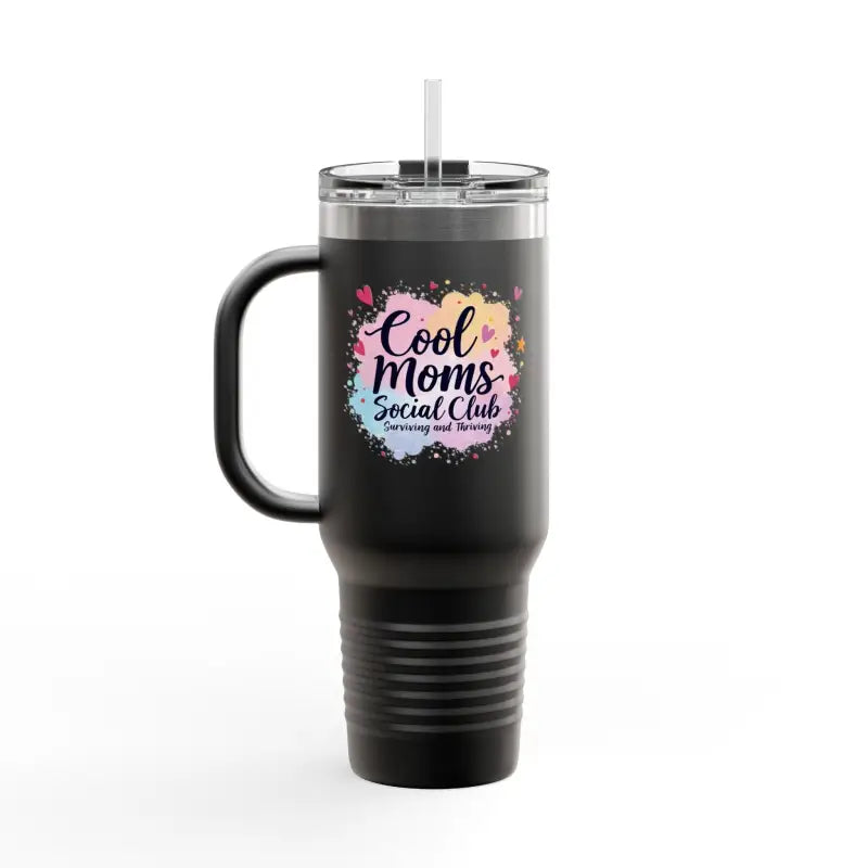 Black insulated tumbler with handle from the Cool Moms Social Club 40oz Travel Mug