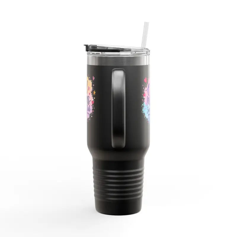 Black insulated tumbler with handle and straw from Cool Moms Social Club 40oz Travel Mug