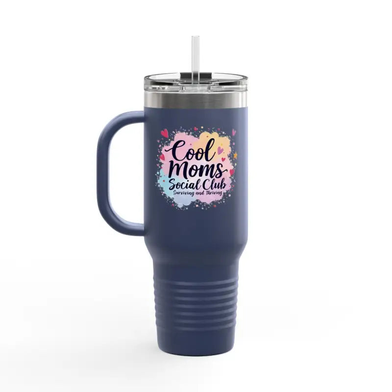 Blue travel mug with handle from Cool Moms Social Club 40oz Insulated Travel Mug