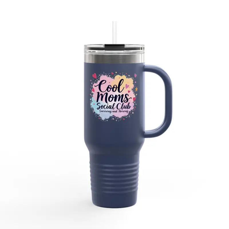 Blue travel mug with handle from Cool Moms Social Club, 40oz insulated design