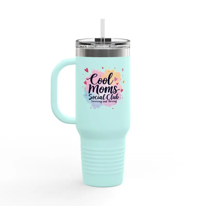 Light blue tumbler with handle from Cool Moms Social Club 40oz Insulated Travel Mug