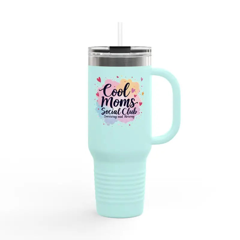 Light blue insulated travel mug with handle from Cool Moms Social Club, 40oz capacity