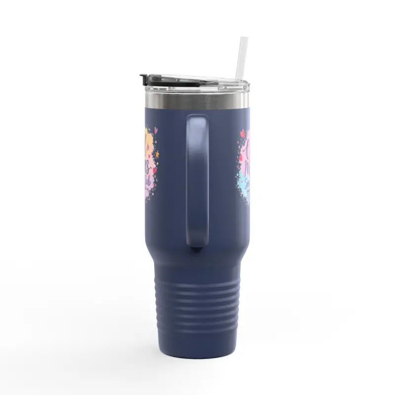 Navy blue Cool Moms Social Club 40oz Insulated Travel Mug with handle and straw