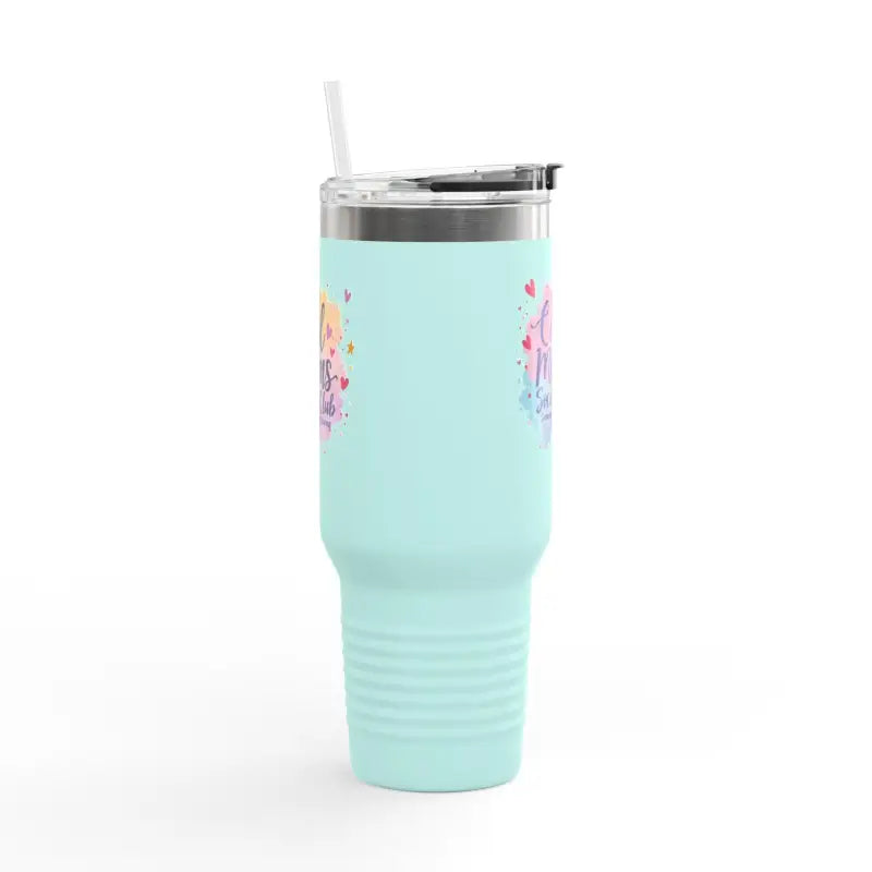 Mint-colored tumbler with straw from Cool Moms Social Club 40oz Insulated Travel Mug