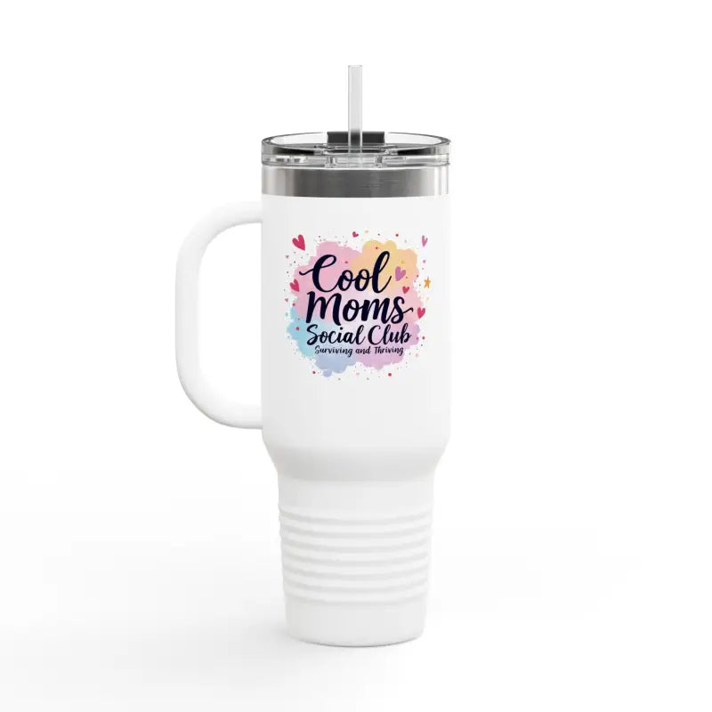 White insulated travel mug with handle from Cool Moms Social Club, 40oz capacity