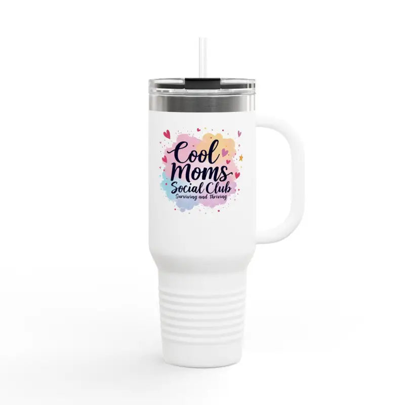 White insulated travel mug with handle from Cool Moms Social Club, 40oz capacity