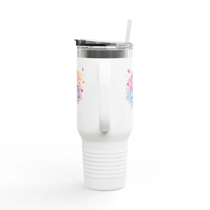 White insulated travel mug with handle and straw from Cool Moms Social Club