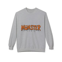 Grey crewneck sweatshirt featuring MOMSTER in orange dripping letter design