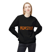 Woman wearing a black long-sleeved Crewneck Sweatshirt with MOMSTER dripping letter design