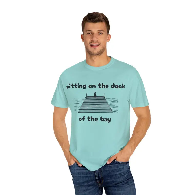 Light blue Dock Of The Bay Graphic T Shirt for men, showcasing stylish design