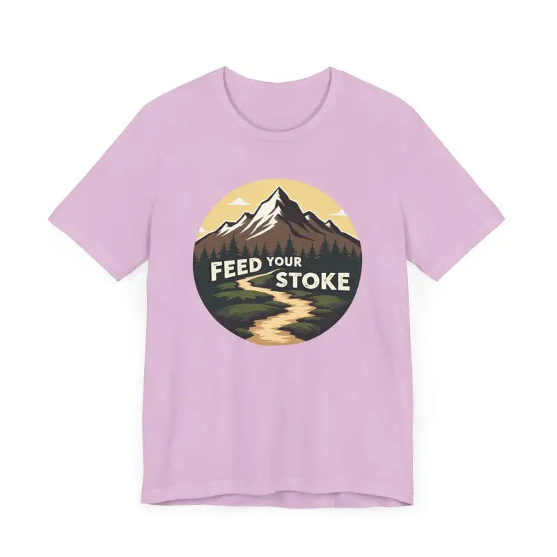 Lilac t-shirt featuring mountain graphic from Feed Your Stoke Unisex collection
