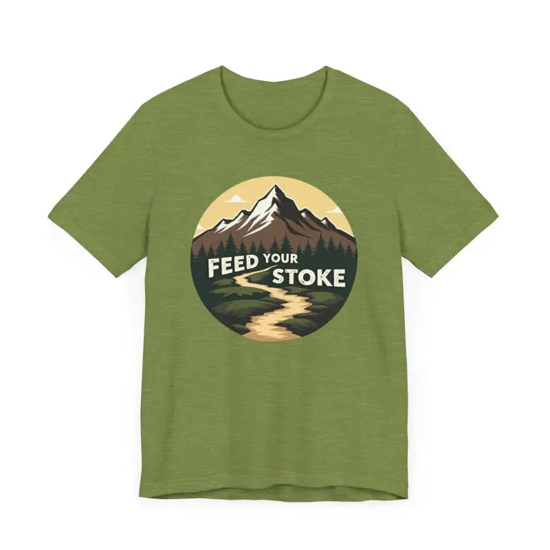 Green t-shirt featuring mountain graphic from Feed Your Stoke Unisex collection