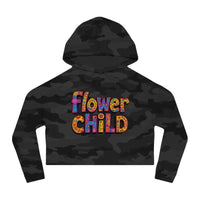 Dark camouflage crop hoodie with Flower Child in colorful floral lettering for stylish comfort