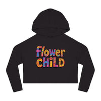 Black long-sleeved cropped hoodie with colorful floral Flower Child text in pastel floral print