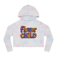 Light pastel tie-dye cropped hoodie featuring Flower Child text in a floral print