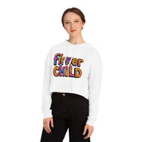 White cropped hoodie with colorful Flower Child text in pastel floral print